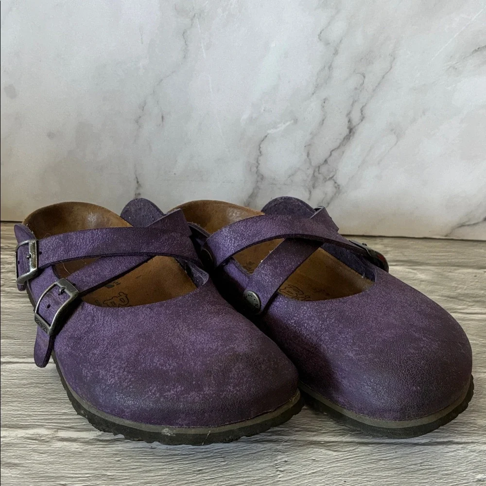 Birkenstock Birki's Dorian Purple Leather Crisscross Clogs Size 36 - Picture 1 of 13